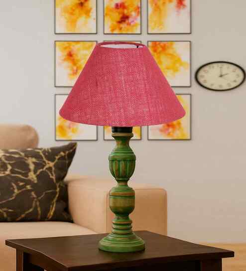 Pink Jute Table Lamp With  Wood  Base 10X19 Inches