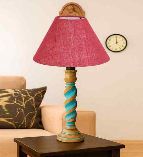 Pink Jute Table Lamp With  Wood  Base 10X19 Inches