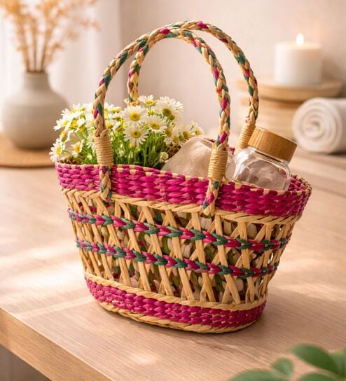 Pink Kauna Grass  Hand Weaved Hand Held Basket