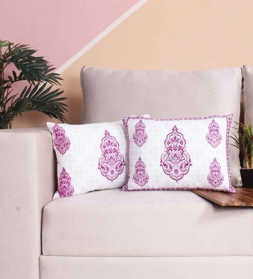 Pink Polycotton Floral 12x18 inches Cushion Covers (Pack of 2) by STITCHNEST