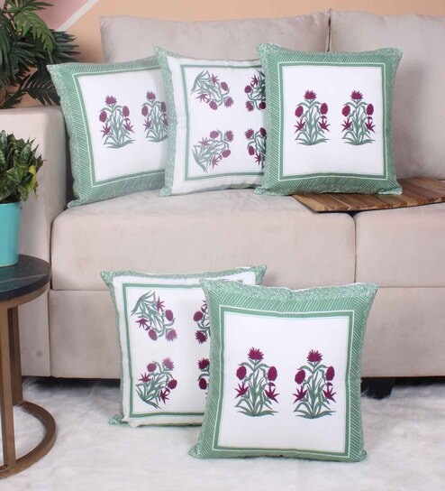 Pink Polycotton Floral 16x16 inches Cushion Covers (Pack of 5) by STITCHNEST