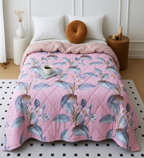 Pink Polycotton Floral 350 GSM Double Bed Reversible Quilted Comforter
