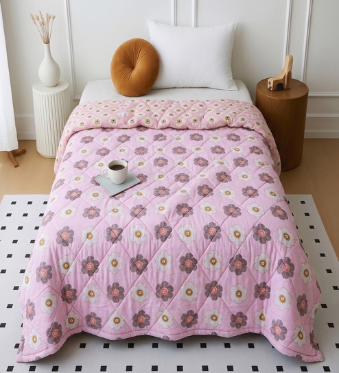 Pink Polycotton Floral 350 GSM Single Bed Reversible Quilted Comforter