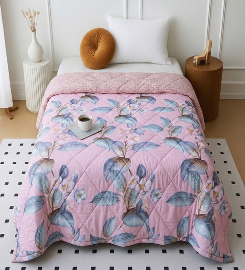 Pink Polycotton Floral 350 GSM Single Bed Reversible Quilted Comforter