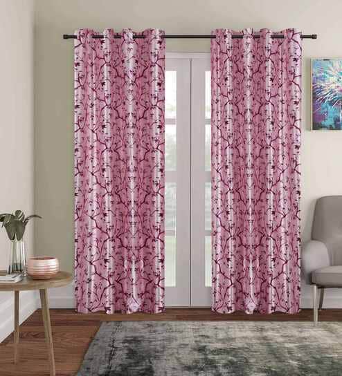 Pink Polyester Abstract 7ft Blackout Eyelet Door Curtains