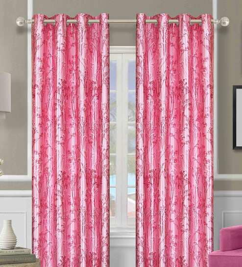 Pink Polyester Floral 7FT Light Filtering Eyelet Door Curtains (Pack of 2)