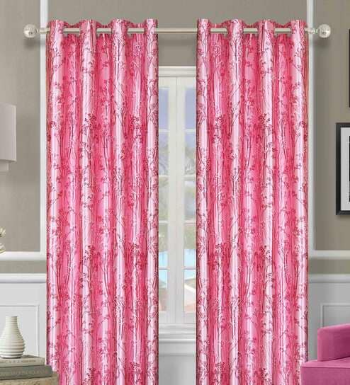Pink Polyester Floral 9FT Light Filtering Eyelet Long Door Curtains (Pack of 2)