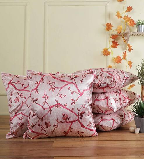 Pink Floral Polyester Blend 16 x 16 Inches Cushion Covers (Set of 5) by The Conversion
