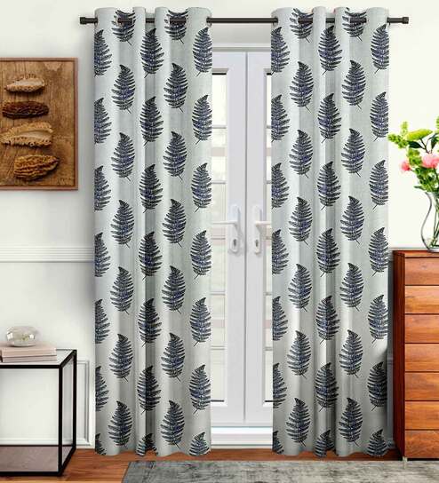 Grey Floral Polyester 9 Ft Semisheer Eyelet Door Curtains (Set of 2)