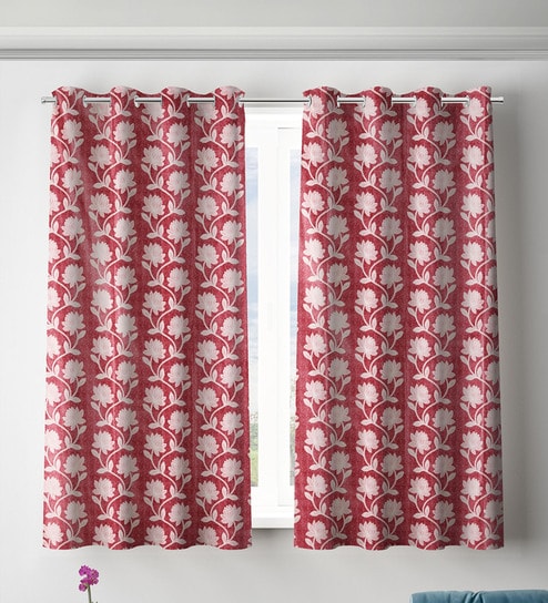 Pink Polyester Floral Light Filtering Eyelet 5 Feet Window Curtains (2 Pc)