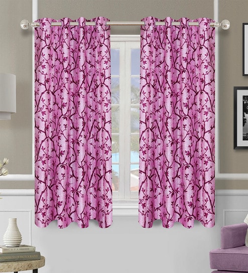 Pink Polyester Floral Light Filtering Eyelet 5 Feet Window Curtains (2 Pc)