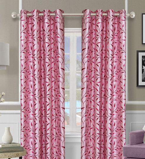 Pink Polyester Floral Light Filtering Eyelet 7 Feet Door Curtains (2 Pc)