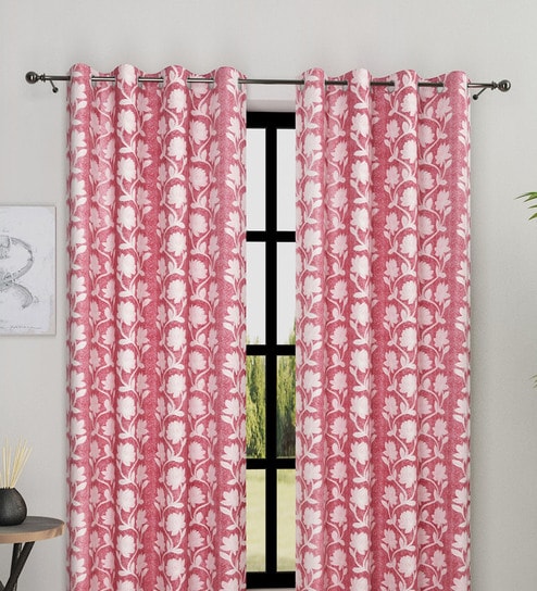Pink Polyester Floral Light Filtering Eyelet 7 Feet Door Curtains (2 Pc)