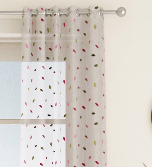 Pink Floral Polyester 7 Ft Sheer Eyelet Door Curtain by GM Fabrics
