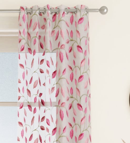 Pink Floral Polyester 7 Ft Sheer Eyelet Door Curtain by GM Fabrics