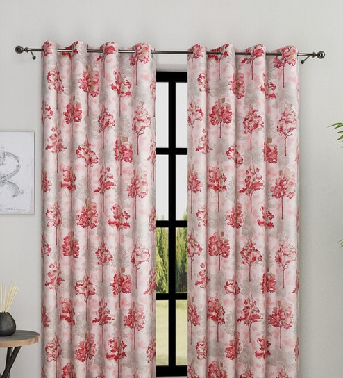 Pink Polyester Floral Light Filtering Eyelet 9 Feet Door Curtains (2 Pc)
