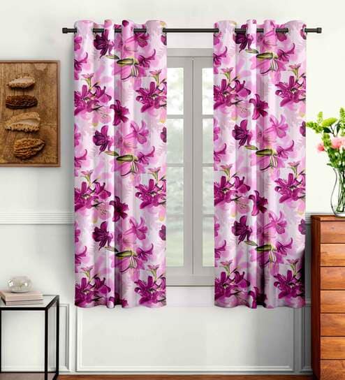 Pink Floral Polyester 5 Ft Semisheer Eyelet Window Curtains (Set of 2)