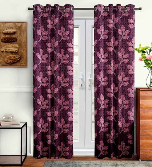 Purple Floral Polyester 7 Ft Semisheer Eyelet Door Curtains (Set of 2) by Cortina