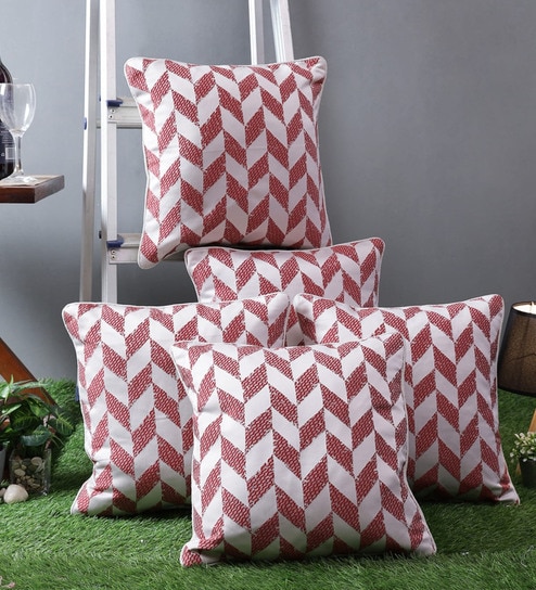 Pink Polyester Geometric 40x40 inches Cushion Covers Set of 5