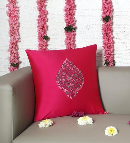 Pink Polyester Traditional 16x16 inches Cushion Covers (1pc) by Zeba