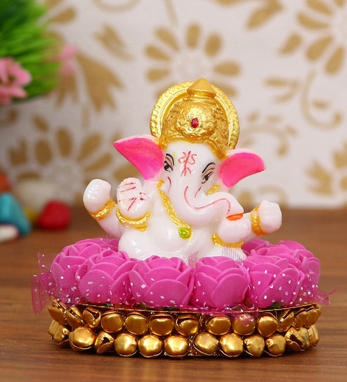 Lord Ganesha Pink & White Polyresin Idol