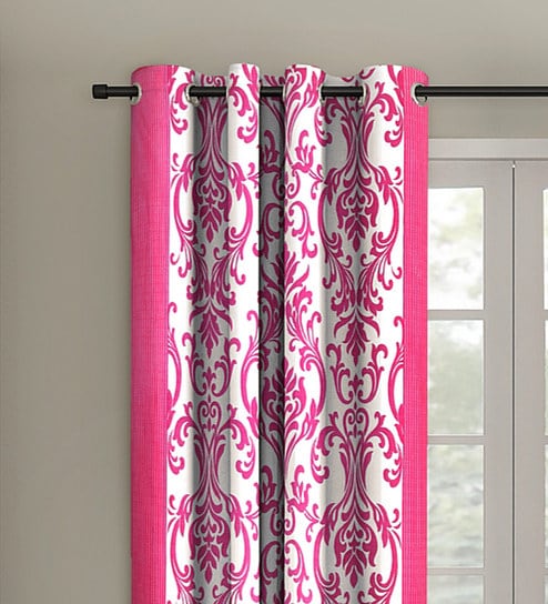 Pink Floral Polyester 5 Ft Semisheer Eyelet Window Curtains (Set of 2) by Cortina