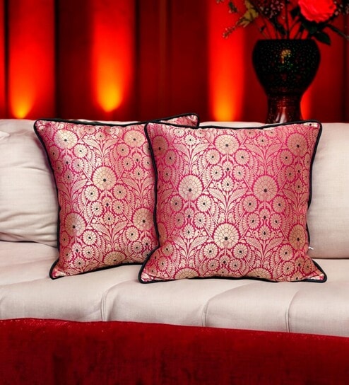 Pink Silk blend Zari Woven Brocade 16x16 inches Cushion Covers (Set of 2)