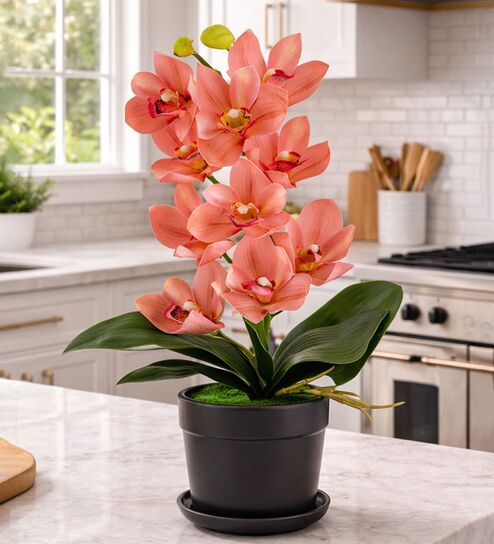 Pink Silk Fabric Coral Luxe Orchid Arrangement Pot With Flower
