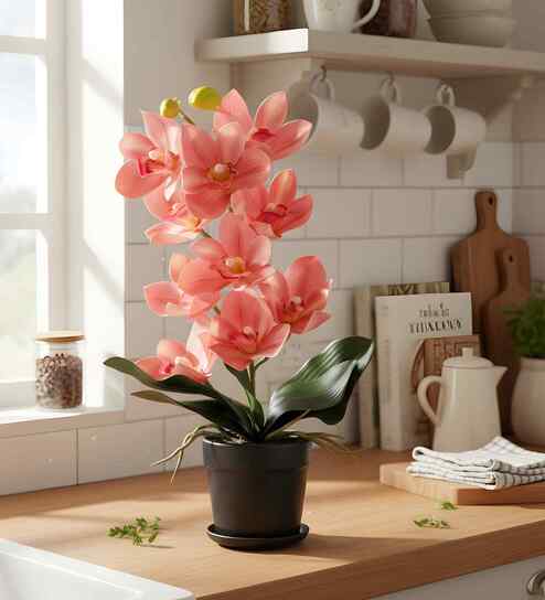 Pink Silk Fabric Coral Luxe Orchid Arrangement Pot With Flower