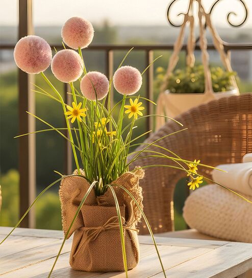 Pink Silk Plastic And Jute Chic Artificial Dandelion Arrangement Flower Bunch With Jute Wrap