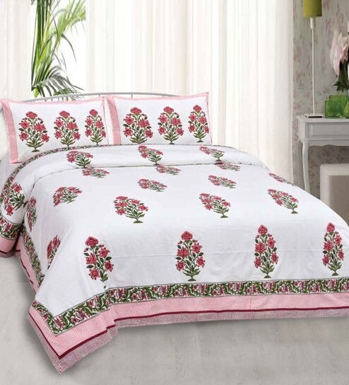 Pink Traditional 240 TC Cotton King Size Bedsheet With 2 Pillow Covers  by Jaipur Fabric