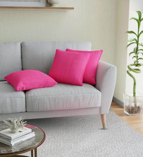 Pink Solid Cotton Self Design Cushion Cover