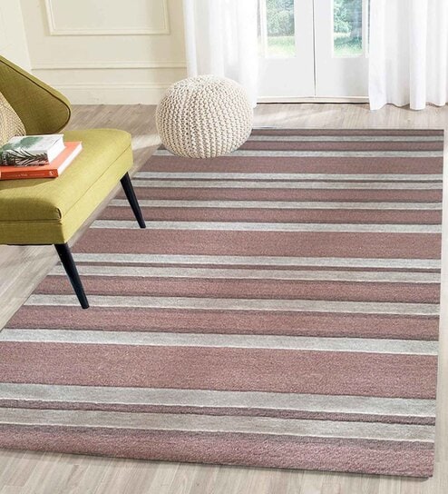 Pink Stripes Wool 5 ft x 7 ft Hand Tufted Carpet