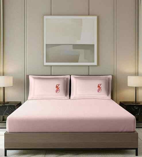 Pink Stripped Bedsheet With Solid, Embroidery Pillows 800 Tc Cotton King Sized Double Bedsheet With 2 Pillow Covers
