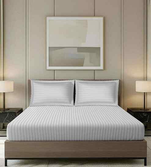 Pink Stripped Pattern With Scallop Borders 800 Tc Cotton King Sized Double Bedsheet With 2 Pillow Covers