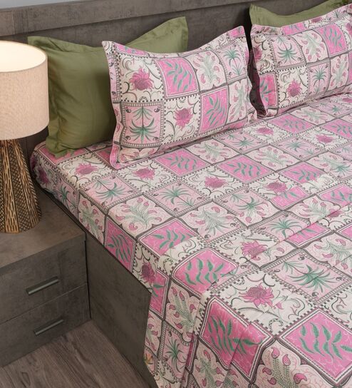 Pink Stylized Floral Motifs 210 TC 100% Cotton Superking Bedsheet with 2 Pillow Covers-image-35