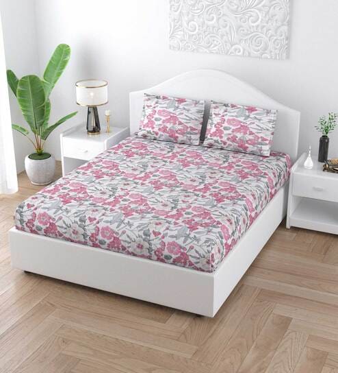 Pink Floral 140 TC Cotton King Sized Bed Sheets with 2 Pillow Covers