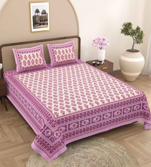 Pink Traditional 240 TC Pure Cotton King Sized Double Bedsheet with 2 Pillow Covers