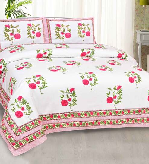 Pink Floral 300 Tc Cotton 1 Double Size Bedsheet With 2 Pillow Covers