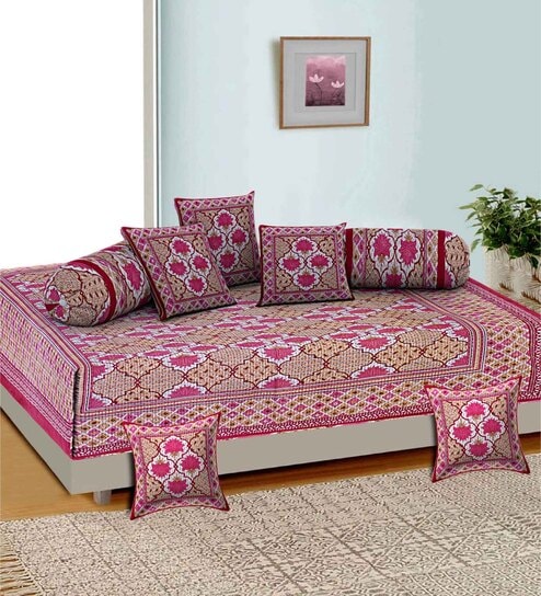 Pink Traditional Cotton 1 Bedsheet with 5 Cushions Covers and 2 Bolster Covers Folklore Collection