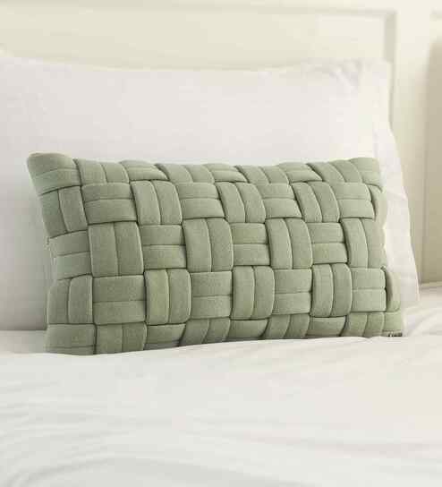 Pistachio Green 100% Cotton 12X20 Inches Knitted Cushion Cover With Filler