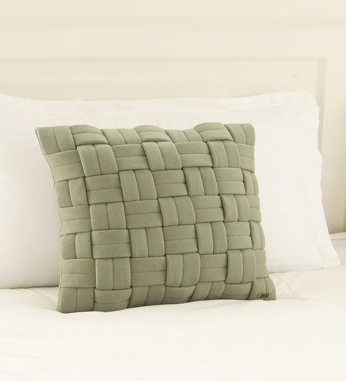 Pistachio Green 100% Cotton 16X16 Inches Knitted Cushion Cover With Filler