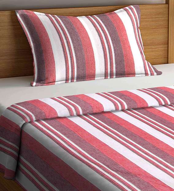 Buy Pink Striped Cotton Single Bed Cover with Pillow Cover by Klotthe