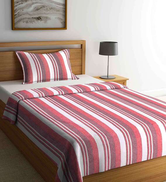 Buy Pink Striped Cotton Single Bed Cover with Pillow Cover by Klotthe