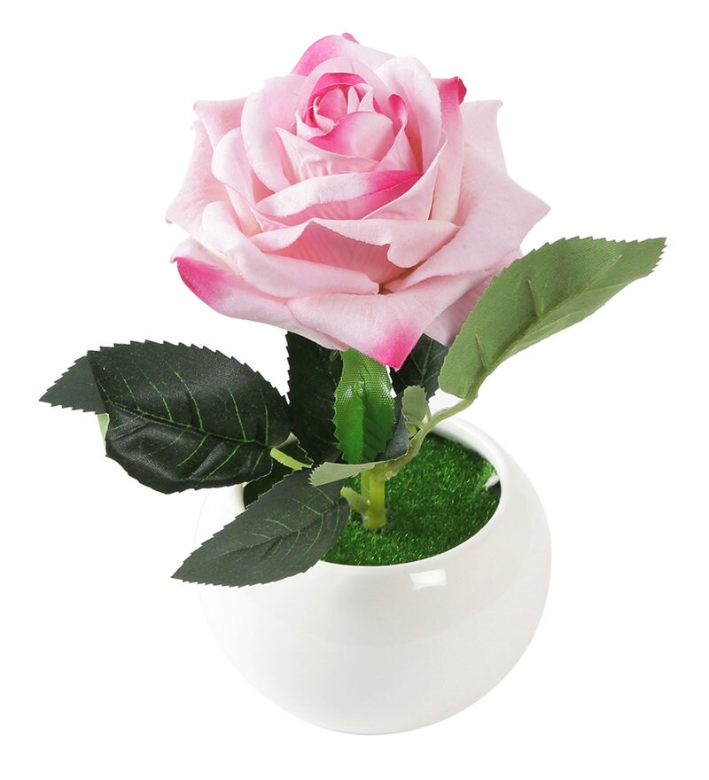 Buy Pink Artificial Velvet Rose with Ceramic Vase by Fourwalls Online