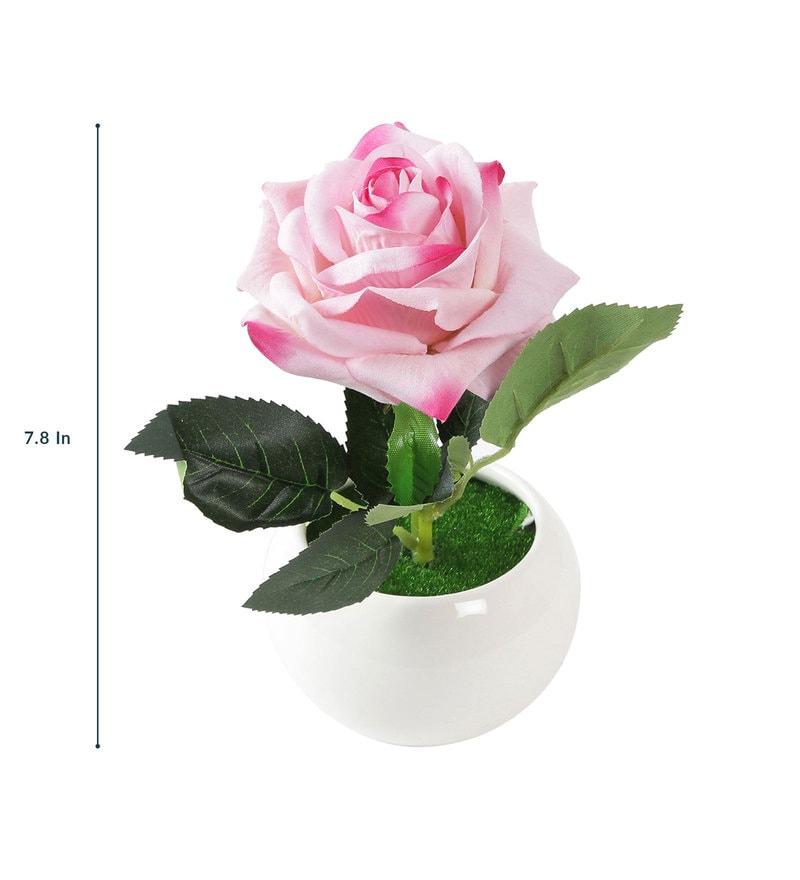 Buy Pink Artificial Velvet Rose with Ceramic Vase by Fourwalls Online