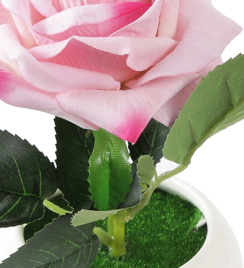 Buy Pink Artificial Velvet Rose with Ceramic Vase by Fourwalls Online