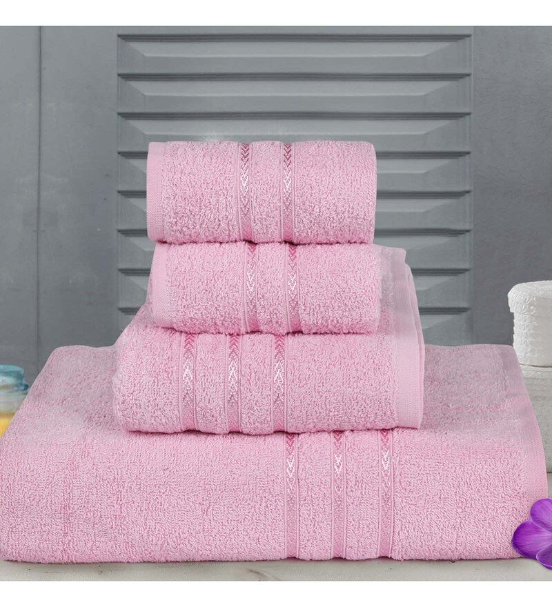 Buy Pink Cotton Hand, Medium Bath & Regular Bath Towel Set of 4 by