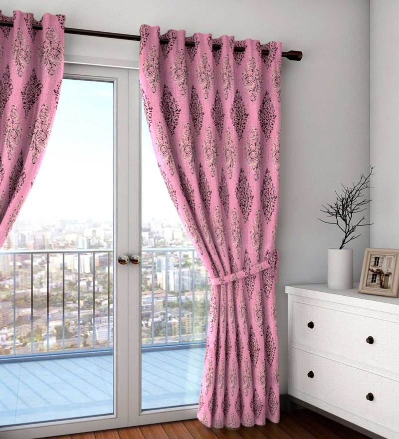 Buy Pink Damask Poly Viscose Eyelet 7 Feet Door Curtain By Skipper