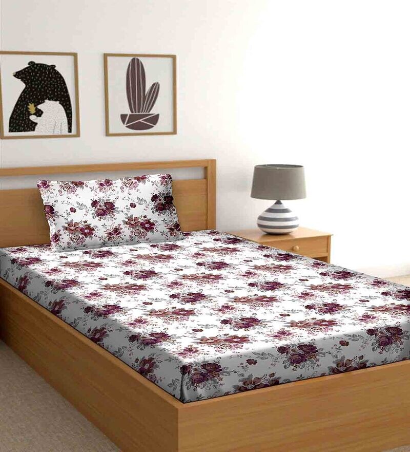 Buy Purple Floral 150 TC Cotton Single Bedsheet With 1 Pillow Cover Cuddle Collection By Bella